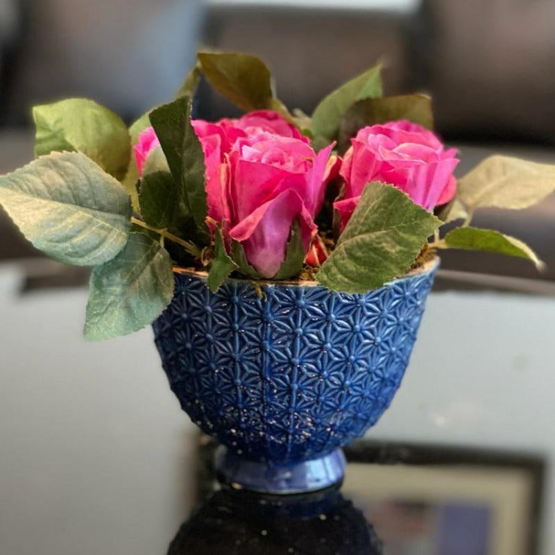 Faux Pink Rose Arrangement in Blue Vase