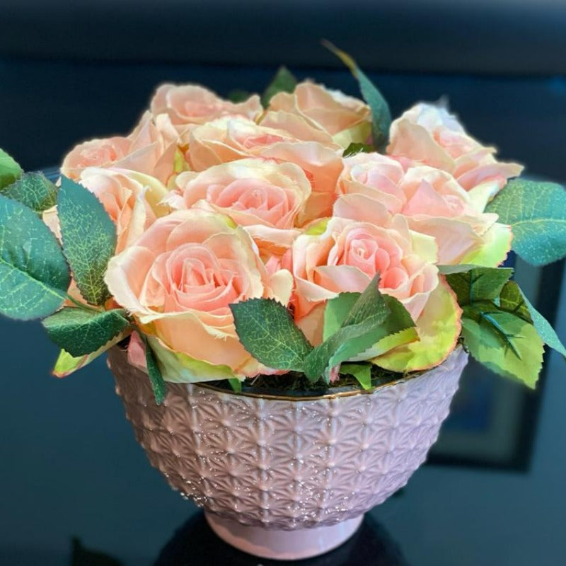 Faux Peach Roses in Pink Pot