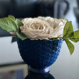 Faux White Roses in Blue Vase