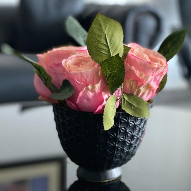 Faux Pink Roses in Charcoal Black Vase