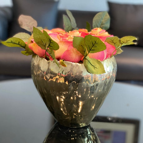 Faux Roses in Gold Vase