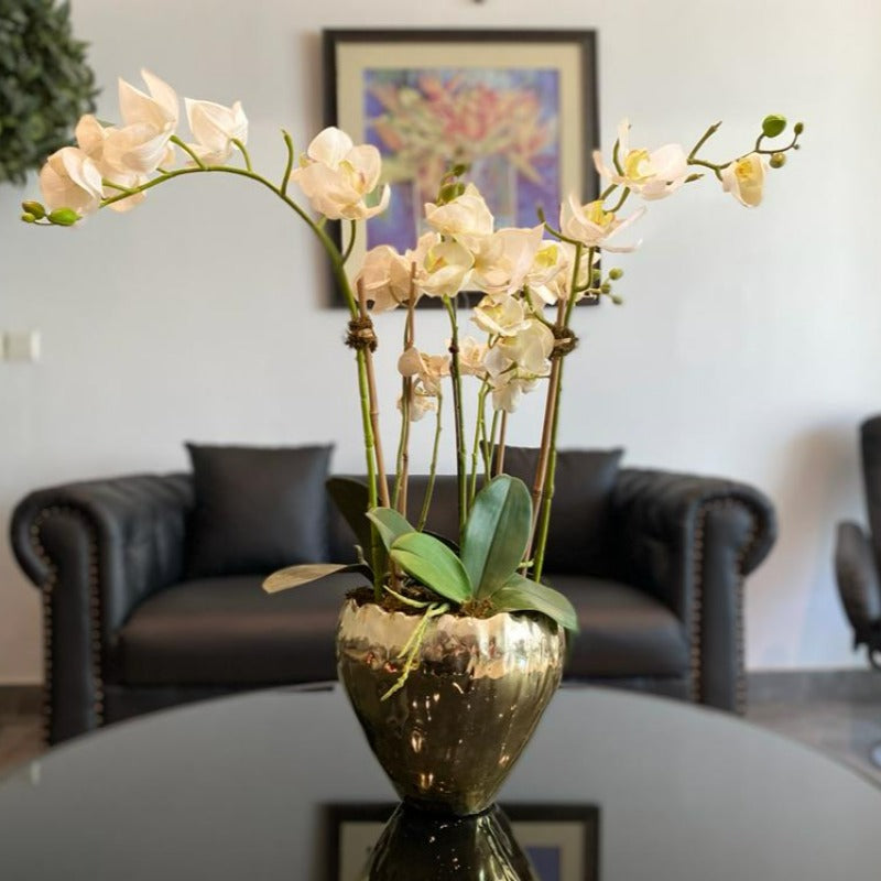 Faux Orchid Arrangement in Gold Vase