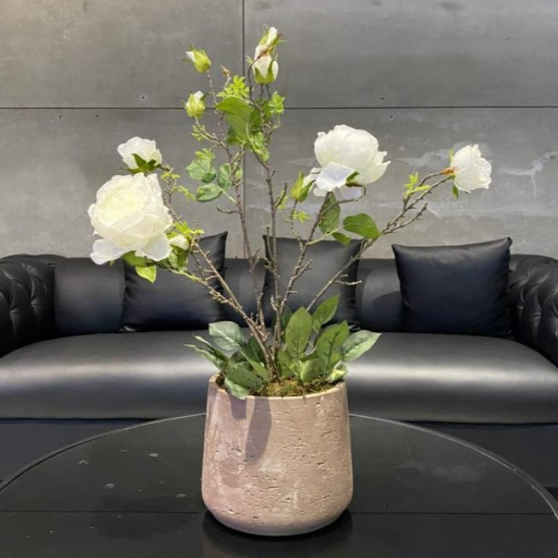 White Flower Arrangement in Cement Pot