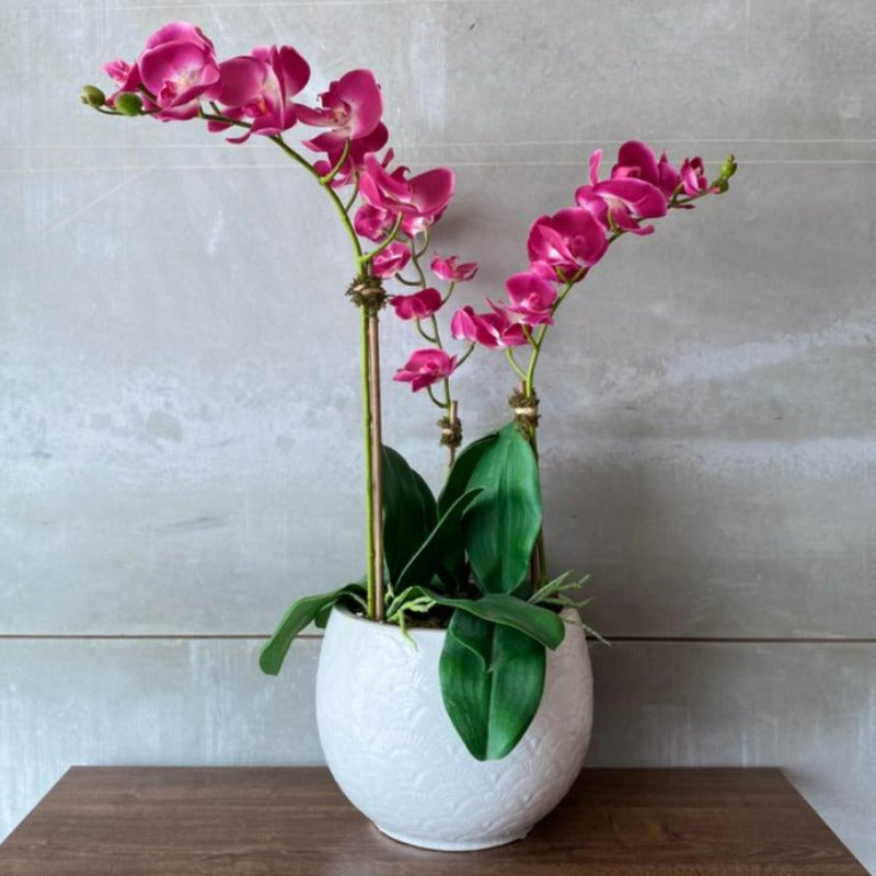 Pink Orchid Arrangement In White Ceramic Vase