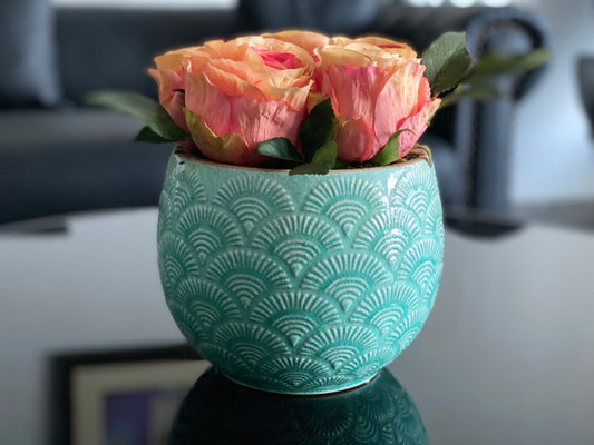 Faux Orange Roses in Turquoise Pot