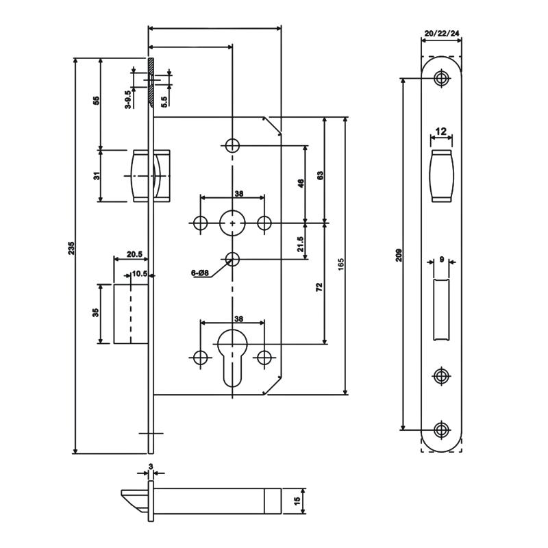 Euro Art Roller Mortise Lock 55 MM AB