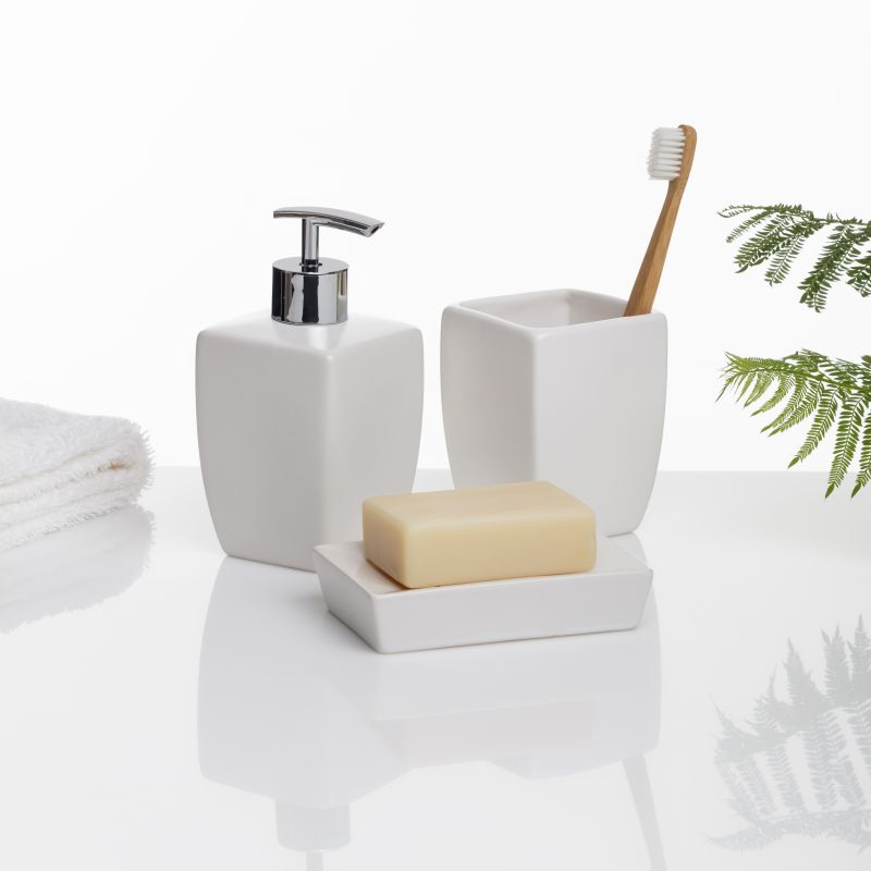 Bathroom Set Thai White (Soap Dish, Toothbrush Holder, Liquid Soap Dispenser)